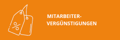 Auf der linken Seite sind zwei umrissene Preisschilder mit dem deutschen Text "Mitarbeitervergünstigungen" auf orangefarbenem Hintergrund zu sehen.