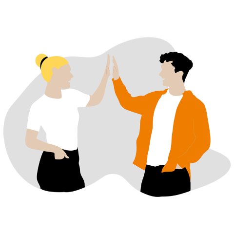 Eine vereinfachte Illustration einer Frau und eines Mannes, die sich gegenseitig ein High Five geben. Die Frau hat blonde Haare in einem Dutt und trägt ein weißes Hemd, während der Mann eine orangefarbene Jacke und ein weißes Hemd trägt.