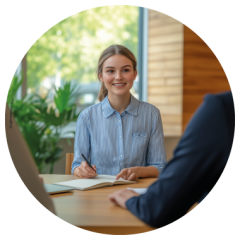 Junge Frau, die während einer Besprechung oder eines Vorstellungsgesprächs lächelt und Notizen macht, sitzt mit einer anderen Person an einem Tisch in einem hellen, modernen Büro.