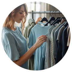 Eine Frau stöbert in einem Bekleidungsgeschäft durch ein Regal mit Freizeithemden und wählt ein gestreiftes Hemd unter verschiedenen blauen und neutralen Modellen aus.