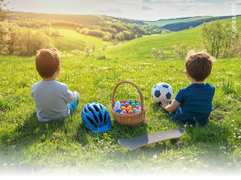 Zwei Jungen sitzen im Gras vor einem malerischen Hügel, neben ihnen ein Korb mit bunten Eiern, ein blauer Helm, ein Fußball und ein Skateboard.