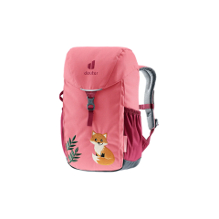 Rosa Kinderrucksack mit einem niedlichen Fuchs- und Blattmotiv, Seitentaschen und grauen, verstellbaren Trägern, dargestellt auf einem weißen, runden Hintergrund.