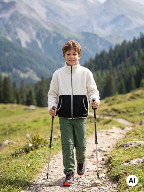Ein lächelnder Junge geht mit Wanderstöcken auf einem Bergpfad spazieren; er trägt eine weiße Jacke und eine grüne Hose. Im Hintergrund sind Wald und Berge zu sehen.